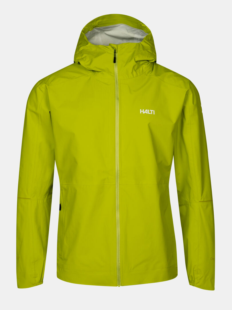 Die Halti Pisarat 2,5L DX Herren Regenjacke ist gelb-grün mit Kapuze, Frontreißverschluss und Logo auf der linken Brust.