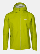 Die Halti Pisarat 2,5L DX Herren Regenjacke ist gelb-grün mit Kapuze, Frontreißverschluss und Logo auf der linken Brust.