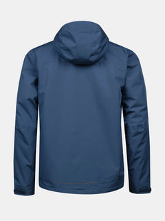 Eine Halti Forter DX Warm Regenjacke Herren in blau ist von hinten auf einem schlichten weißen Hintergrund abgebildet.