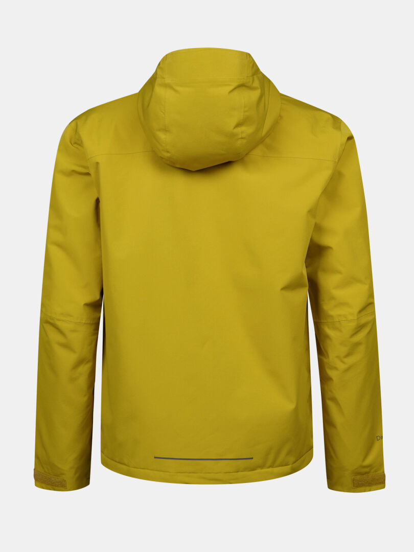 Die Halti Forter DX Warm Regenjacke Herren in gelb, wasserabweisend, abgebildet von hinten auf weißem Hintergrund.