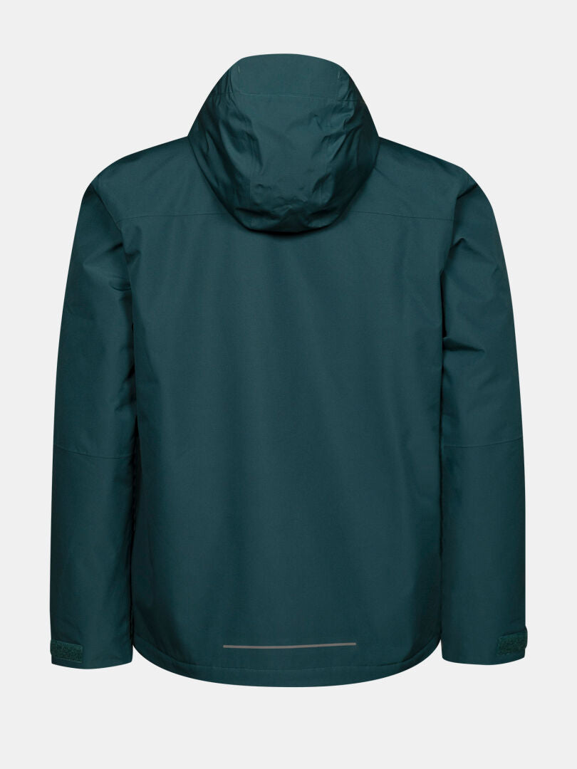Die Halti Forter DX Warm Regenjacke für Herren in Dunkelgrün mit Kapuze ist von hinten auf weißem Hintergrund abgebildet.