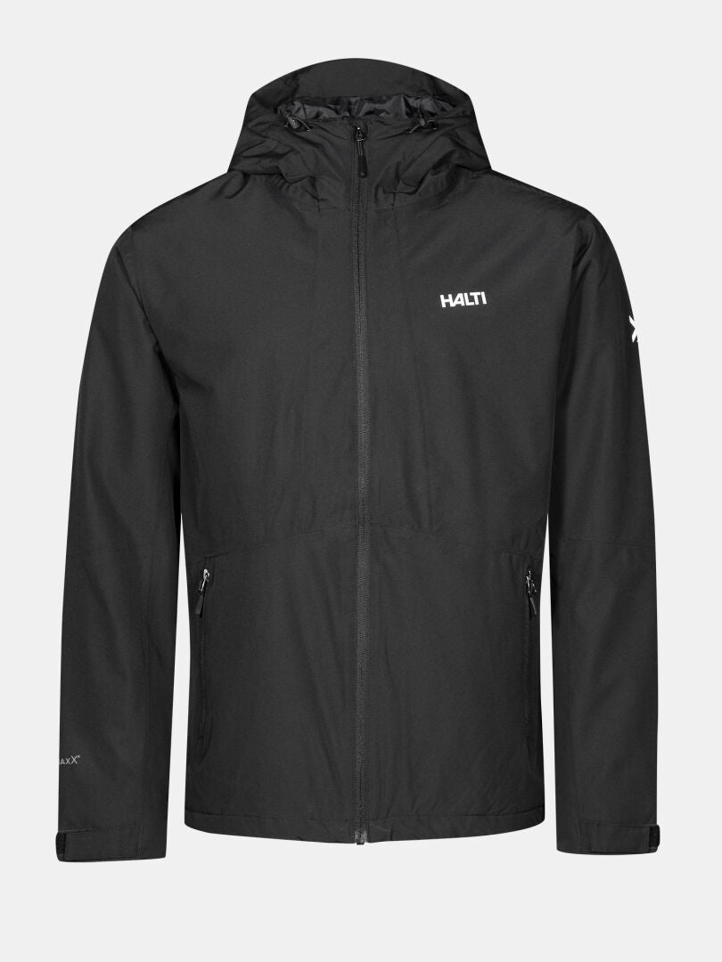 Halti Forter DX Warm Regenjacke Herren: schwarze Kapuzenjacke mit Reißverschluss, Regenschutz, Reißverschlusstaschen, Logo auf der Brust/am Ärmel.