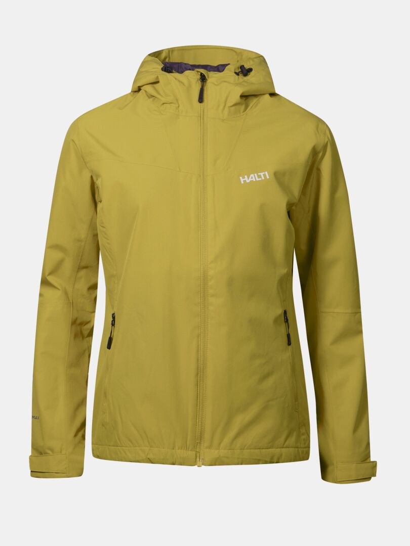 Die Halti Forter DX Regenjacke Plus Damen ist eine gelbe Jacke mit Frontreißverschluss, Seitentaschen und Brustlogo.
