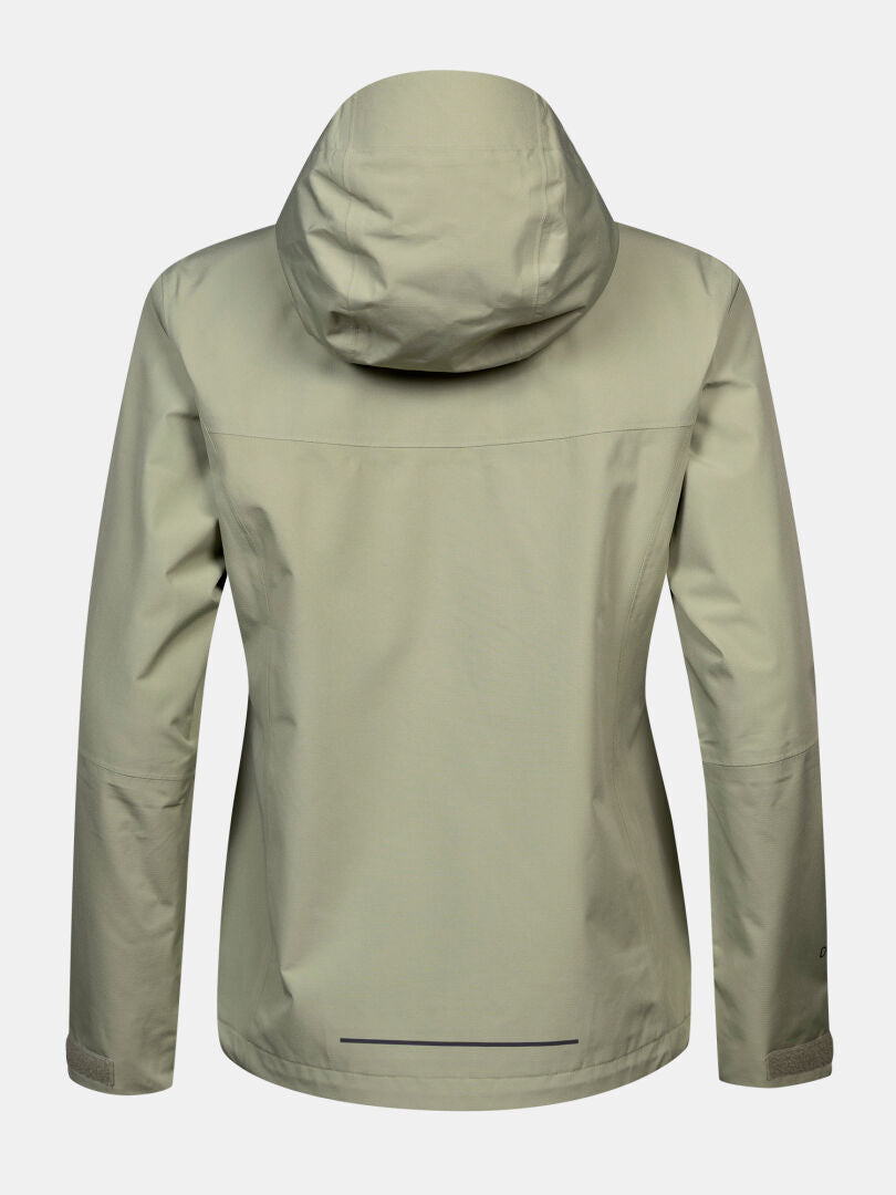 Halti Forter DX Regenjacke Damen Plus in Hellkhaki, hier von hinten gesehen, mit langen Ärmeln und minimalistischen Details.