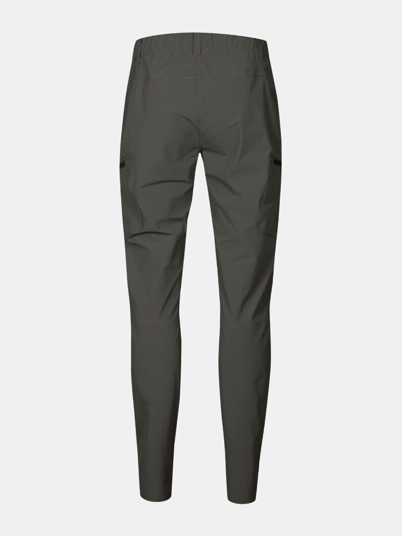 Rückenansicht der Halti Pallas Evo X-Stretch-Hose Plus Damen in dunkelgrau mit elastischem Bund und Seitentaschen, einfarbiger Hintergrund.