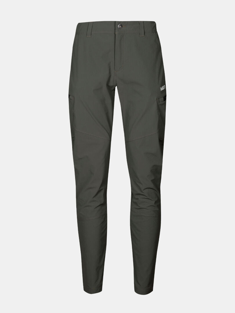 Halti Pallas Evo X-Stretch-Hosen Plus Damen, dunkelgrüner Slim-Fit-Cargo mit Taschen, Knopf und Reißverschluss, abgebildet auf Weiß.