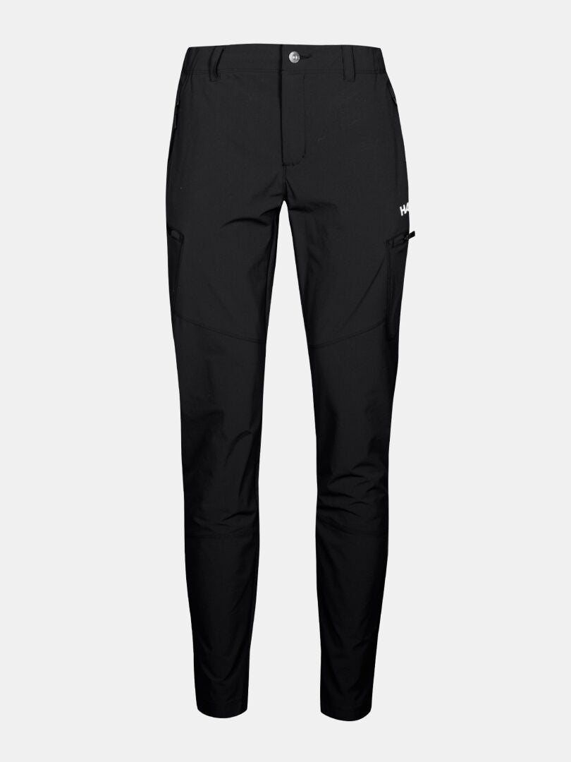 Halti Pallas Evo X-Stretch-Hosen Plus Damen: schwarze Slim-Fit-Hose mit Reißverschlusstaschen, Knopfverschluss und Logo am Oberschenkel.
