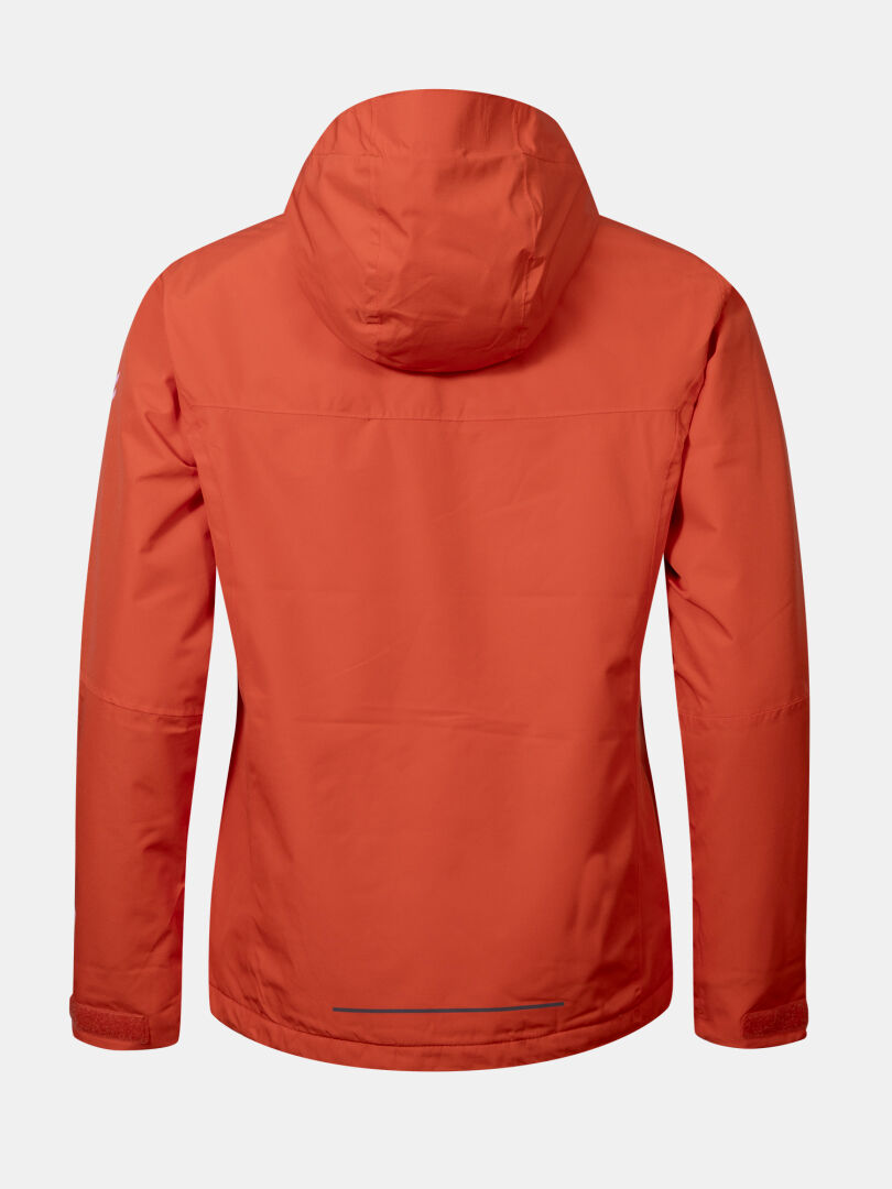Rückansicht einer roten Halti Forter DX Warm Regenjacke Damen Plus mit Kapuze und einem reflektierenden Streifen am unteren Saum.