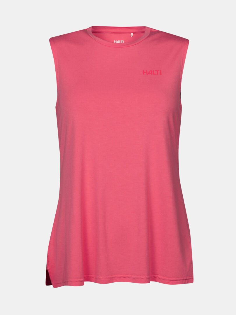 Ärmelloses rosa Halti Kalteva Top Damen aus nachhaltiger Holzfaser, ideal für Outdoor-Aktivitäten; Logo auf der Brust.