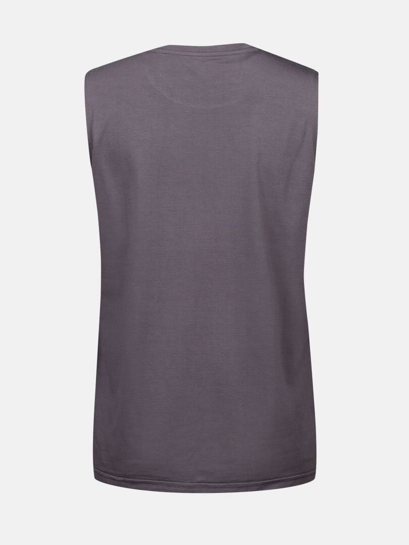 Ärmelloses dunkelgraues Halti Kalteva Top Damen von hinten gesehen, flach gelegt - ideal für Outdoor-Aktivitäten.