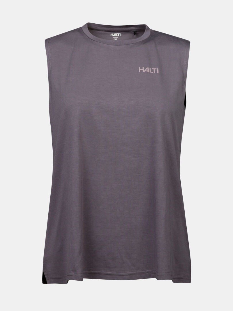 Ärmelloses graues Halti Kalteva Top Damen mit Rundhalsausschnitt und Logo - ideal für Outdoor-Aktivitäten.