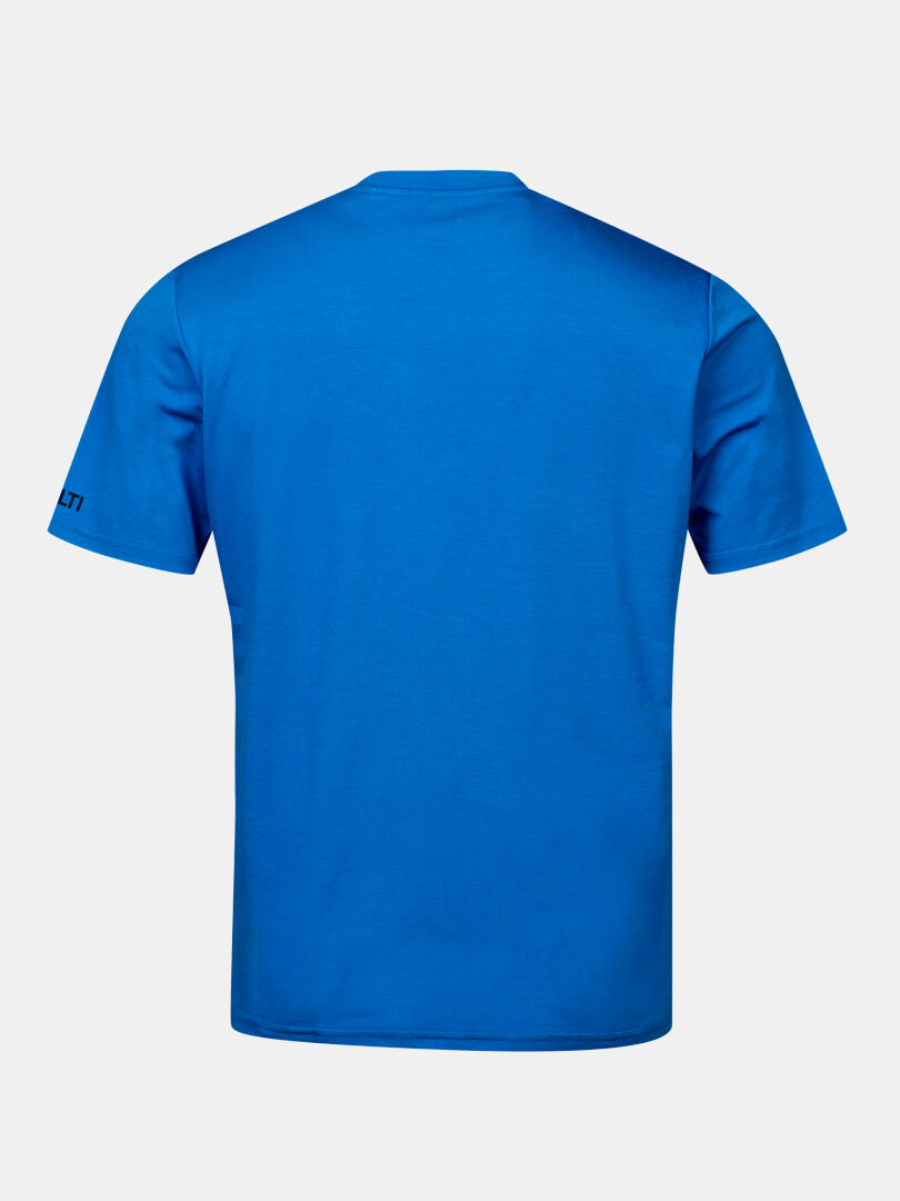 Das Halti Kalteva T-Shirt Herren ist ein unifarbenes, blaues Kurzarm-Top mit einem kleinen Logo auf dem linken Ärmel, ideal für den Einsatz im Freien.