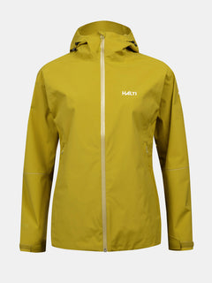 Eine gelbe Halti Staala DX Regenjacke Damen, wasserabweisend mit Frontreißverschluss und Halti-Logo, auf einfarbigem Hintergrund.