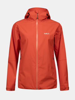 Vorderansicht der orangefarbenen Halti Staala DX Regenjacke Damen, einer wasserabweisenden Jacke mit Reißverschlusstaschen auf einfarbigem Hintergrund.