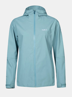 Hellblaue Halti Staala DX Regenjacke Damen, wasserabweisend mit Kapuze, Frontreißverschluss und "Halti"-Logo.