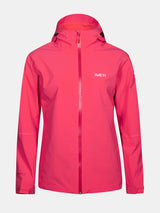 Eine leuchtend pinke Halti Staala DX Regenjacke Damen mit Kapuze, Reißverschluss, und Brustlogo; wasserabweisend.
