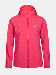 Eine leuchtend pinke Halti Staala DX Regenjacke Damen mit Kapuze, Reißverschluss, und Brustlogo; wasserabweisend.