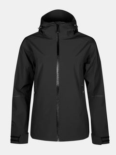 Die Halti Staala DX Regenjacke Damen ist eine schwarze Regenjacke mit Kapuze und seitlichen Reißverschlusstaschen, abgebildet auf einfarbigem Hintergrund.