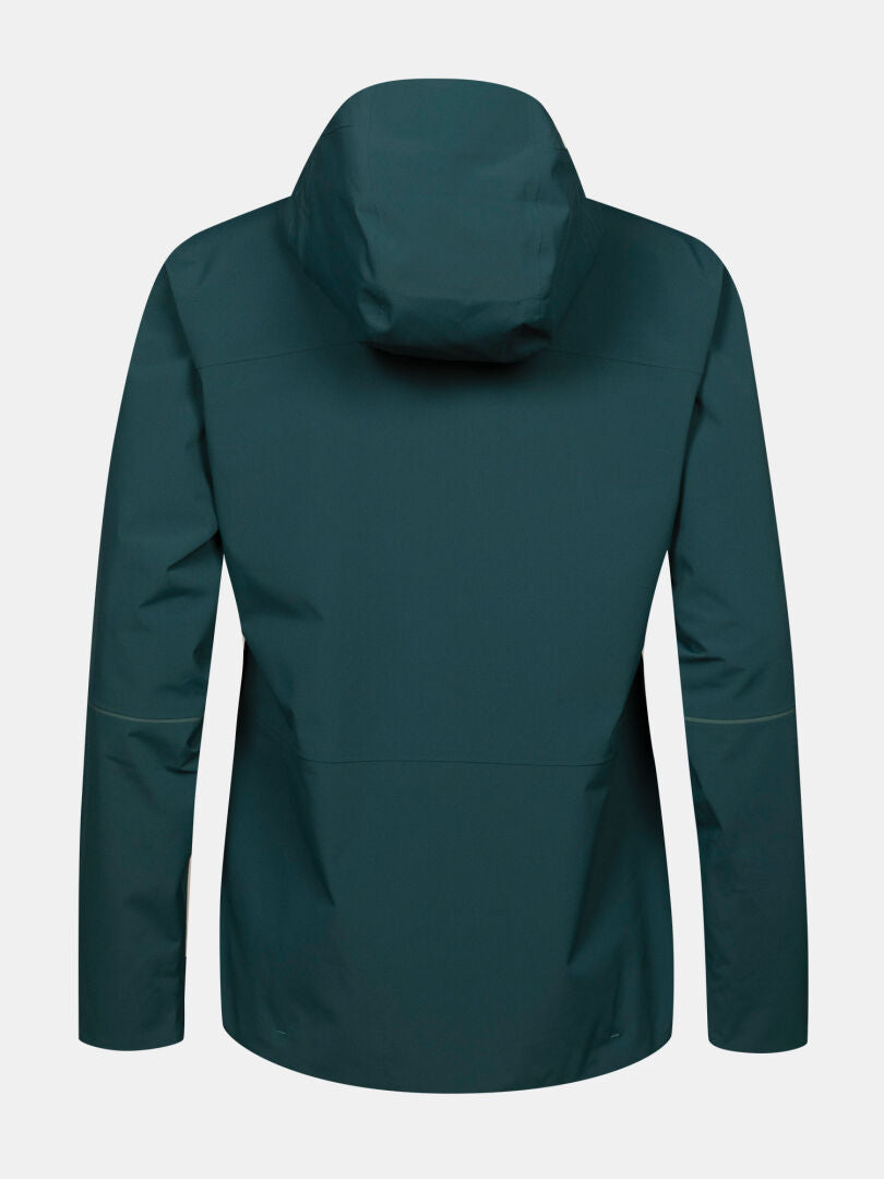 Rückansicht der Halti Staala DX Regenjacke Damen Plus in Dunkelgrün mit langen Ärmeln, abgebildet auf weißem Hintergrund.