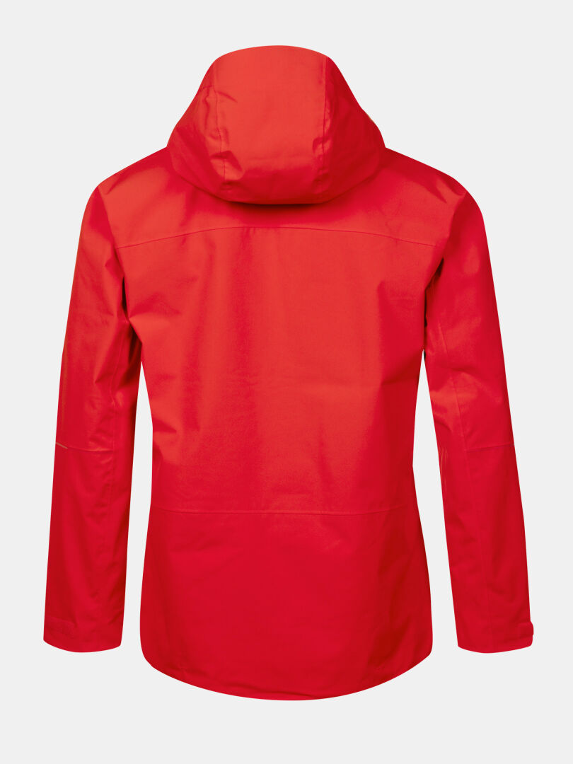 Ein roter Halti Staala DX Regenjacke Herren, von hinten gegen einen einfachen weißen Hintergrund gezeigt.