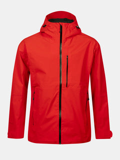 Die Halti Staala DX Regenjacke Herren in leuchtendem Rot mit schwarzen Reißverschlüssen ist auf einem schlichten hellgrauen Hintergrund abgebildet.