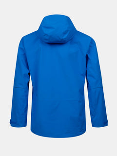 Eine hellblaue Halti Staala DX Regenjacke Herren, von hinten gesehen, mit langen Ärmeln und einem schlichten, wasserabweisenden Design.