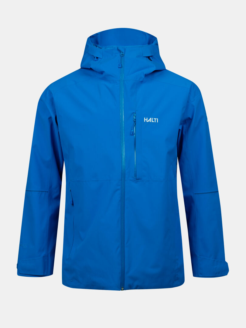 Die Halti Staala DX Regenjacke Herren ist eine blaue, wasserabweisende Kapuzenjacke mit Seitentaschen und einem Logo auf der Brust.