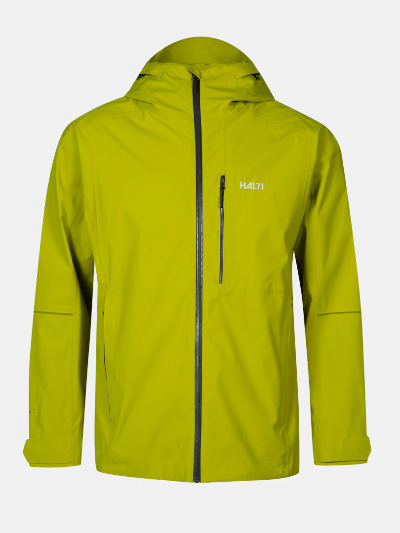Die Halti Staala DX Regenjacke Herren in leuchtendem Gelb-Grün ist wasserabweisend, ideal für Outdoor-Abenteuer.