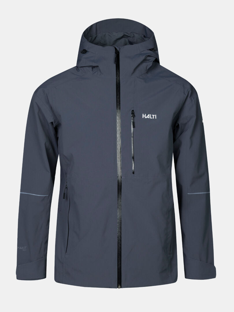 Halti Staala DX Regenjacke für Herren, dunkelgrau, mit Kapuze, Reißverschluss vorne, Reißverschlusstaschen, abgebildet auf weißem Hintergrund.