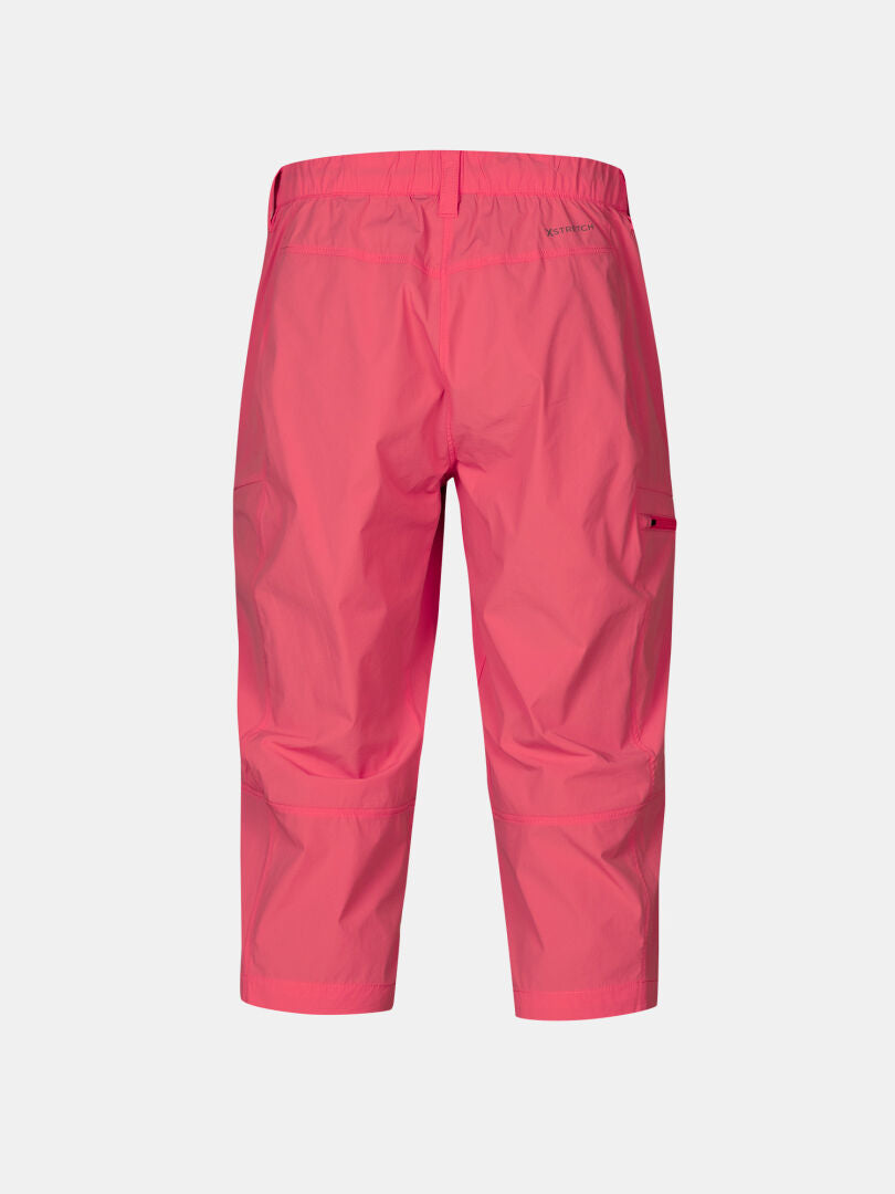 Rückansicht der Halti Pallas Cool X-stretch Caprihose Damen in pink mit elastischem Bund, Seitentasche & UPF 90+ Sonnenschutz.