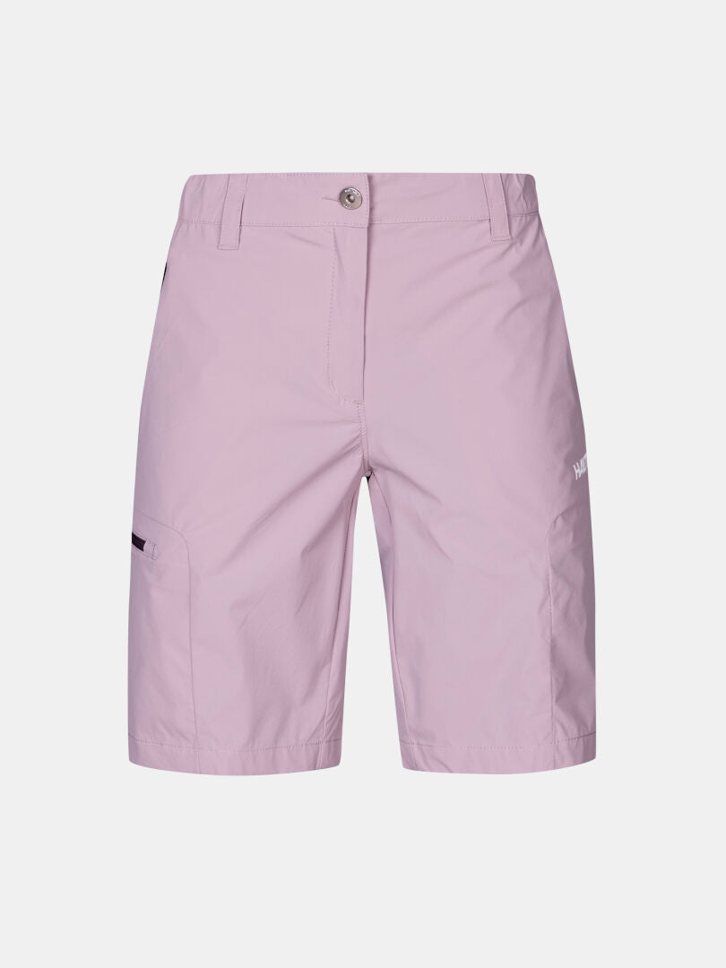 Halti Pallas Cool Shorts Damen in hellrosa mit Frontknopf, Reißverschluss und Seitentaschen-ideal für Outdoor-Aktivitäten.