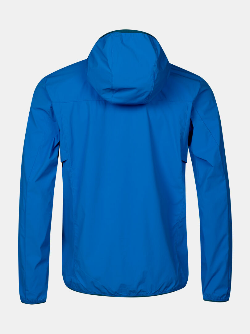Die hellblaue Halti Pallas Cool X-stretch Herrenjacke mit UPF 50+ ist von hinten auf weißem Grund abgebildet.