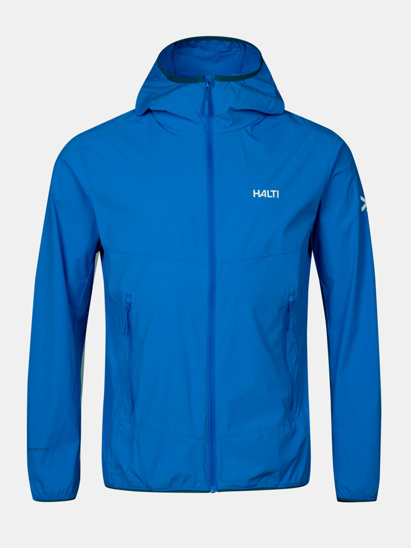 Halti Pallas Cool X-stretch Herren: Hellblaue Jacke mit Frontreißverschluss, UPF 50+ und Logos auf Brust und Ärmel.