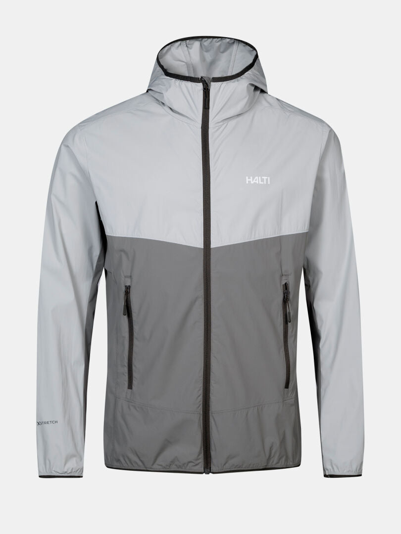 Halti Pallas Cool X-stretch Herren: Graue Kapuzenjacke mit Frontreißverschluss, Reißverschlusstaschen und Logo für Outdoor-Aktivitäten.