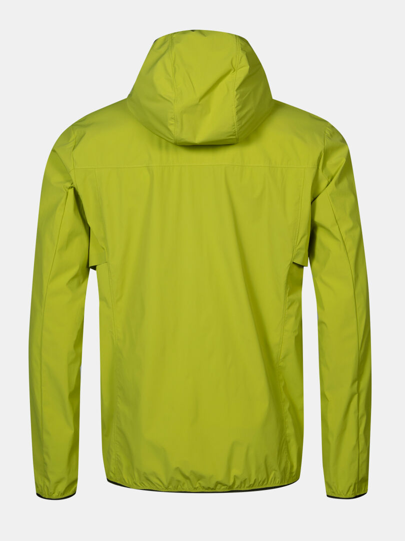 Die Halti Pallas Cool X-stretch Herren lindgrüne Jacke mit UPF 50+ in der Rückenansicht auf hellgrauem Hintergrund.