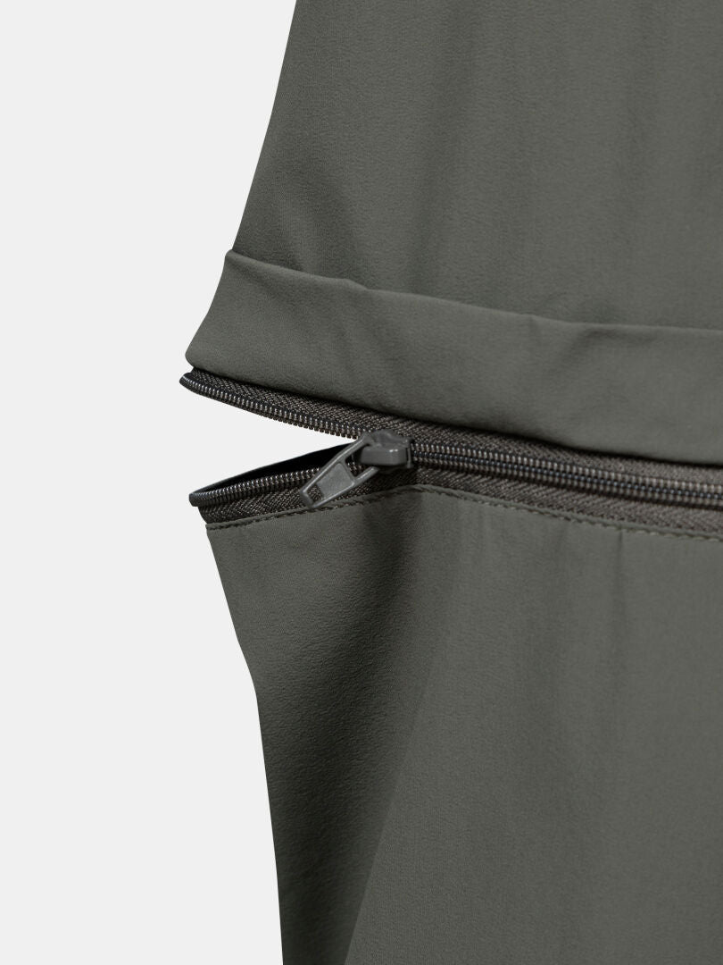 Nahaufnahme der Halti Pallas Cool Stretch Zip-off Hosen Herren in grau, mit schwarzem Reißverschluss und zwei Abschnitten.