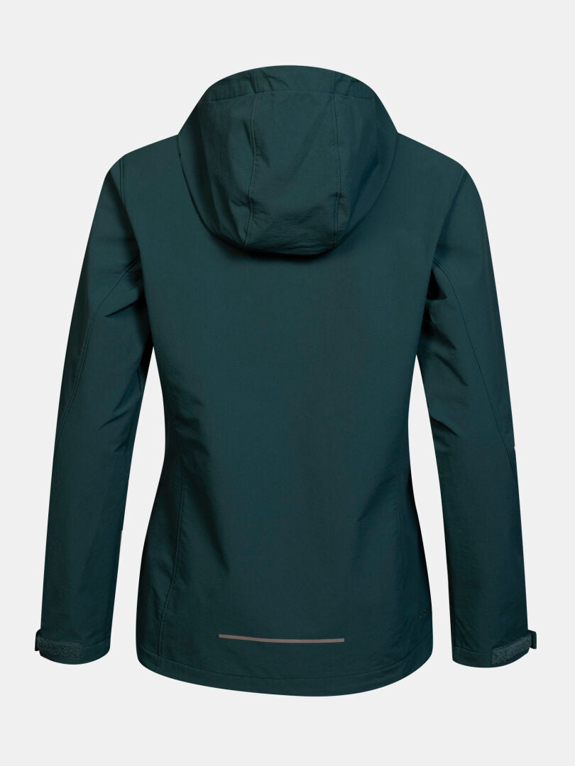 Halti Finholma X-Stretch-Jacke für Damen in Dunkelgrün, winddicht, von hinten auf weißem Hintergrund abgebildet.