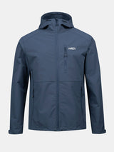 Die Halti Finholma X-Stretch Jacke Herren ist blau, winddicht, dehnbar, mit Reißverschluss und Brustlogo für den Outdoor-Einsatz.
