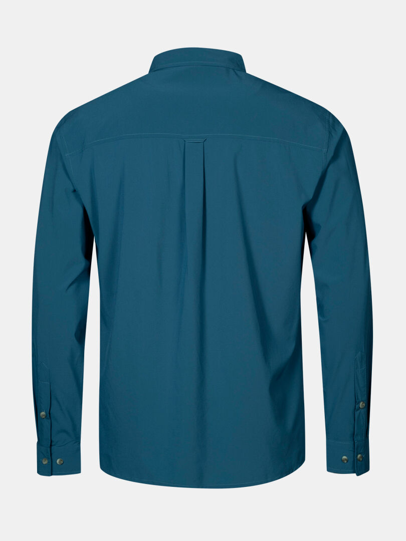 Ein tealfarbenes Halti Samoy Langarm Funktionshemd Herren mit Passe, Kellerfalte, geknöpften Manschetten - perfekt für Outdoor Aktivitäten.