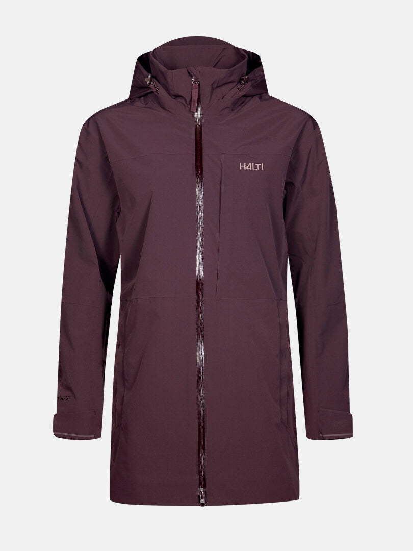 Die Halti Valaja DX Parkajacke Damen ist ein kastanienbrauner wasserdichter Parka mit Kapuze, Frontreißverschluss und Logo auf der linken Brustseite.