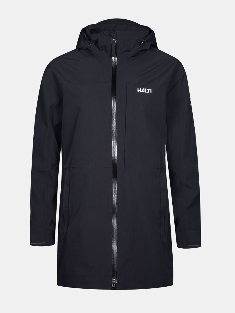 Die Valaja DX Parkajacke Damen von Halti ist eine schwarze, wasserdichte Outdoorjacke mit Frontreißverschluss und Logo.