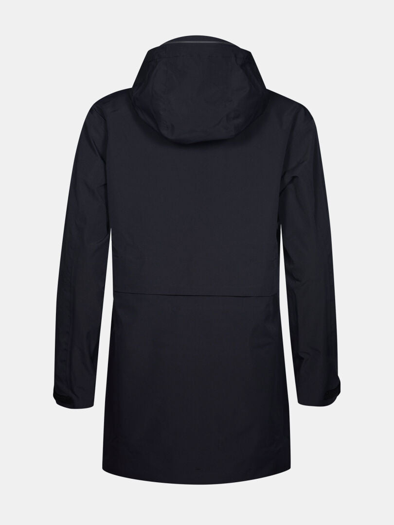Die Halti Valaja DX Parka Jacke Damen Plus in schwarz ist von hinten vor einem schlichten weißen Hintergrund abgebildet.