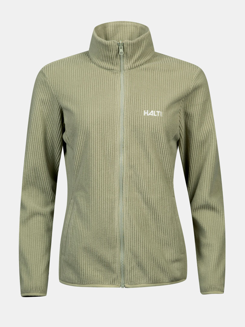 Hellgrüne Halti Loito 3-in-1 DX Damenjacke mit gerippter Struktur, Reißverschluss vorne, hohem Kragen und Logo auf der Brust.