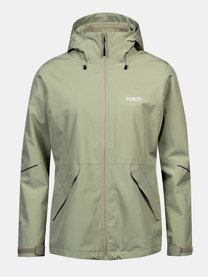 Halti Loito 3-in-1 DX Damenjacke, hellgrün, mit Kapuze, Reißverschluss vorne, 2 Taschen, Logo auf der linken Brust.