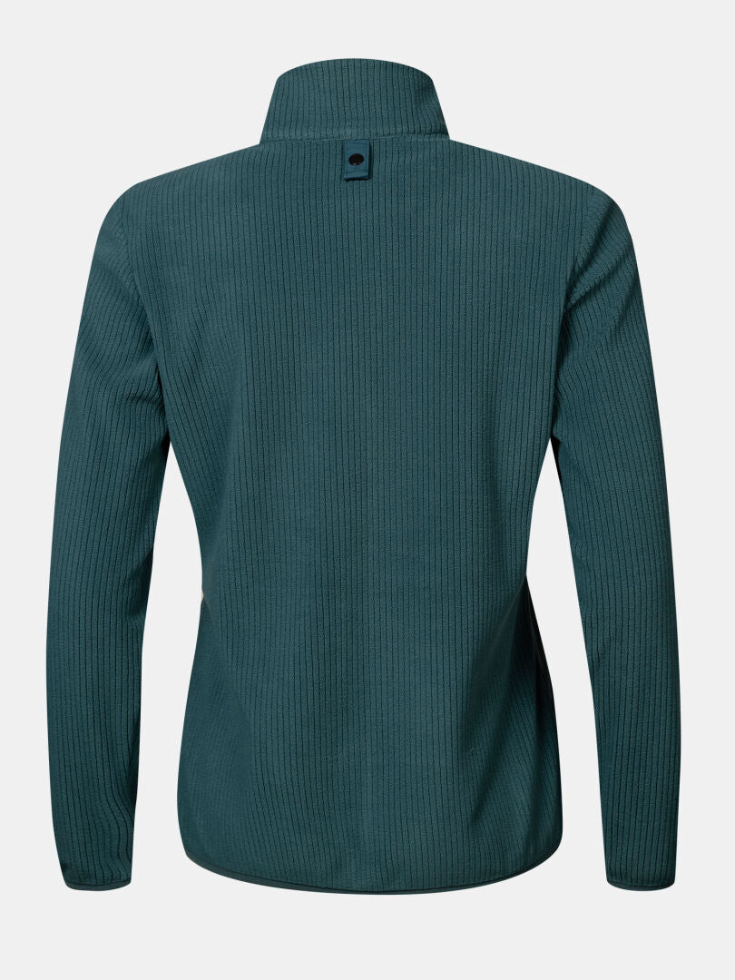 Rückansicht der Halti Loito 3-in-1 DX Jacke für Damen in der Farbe Teal, mit langen Ärmeln, hohem Kragen und kleiner, geknöpfter Kragenlasche.