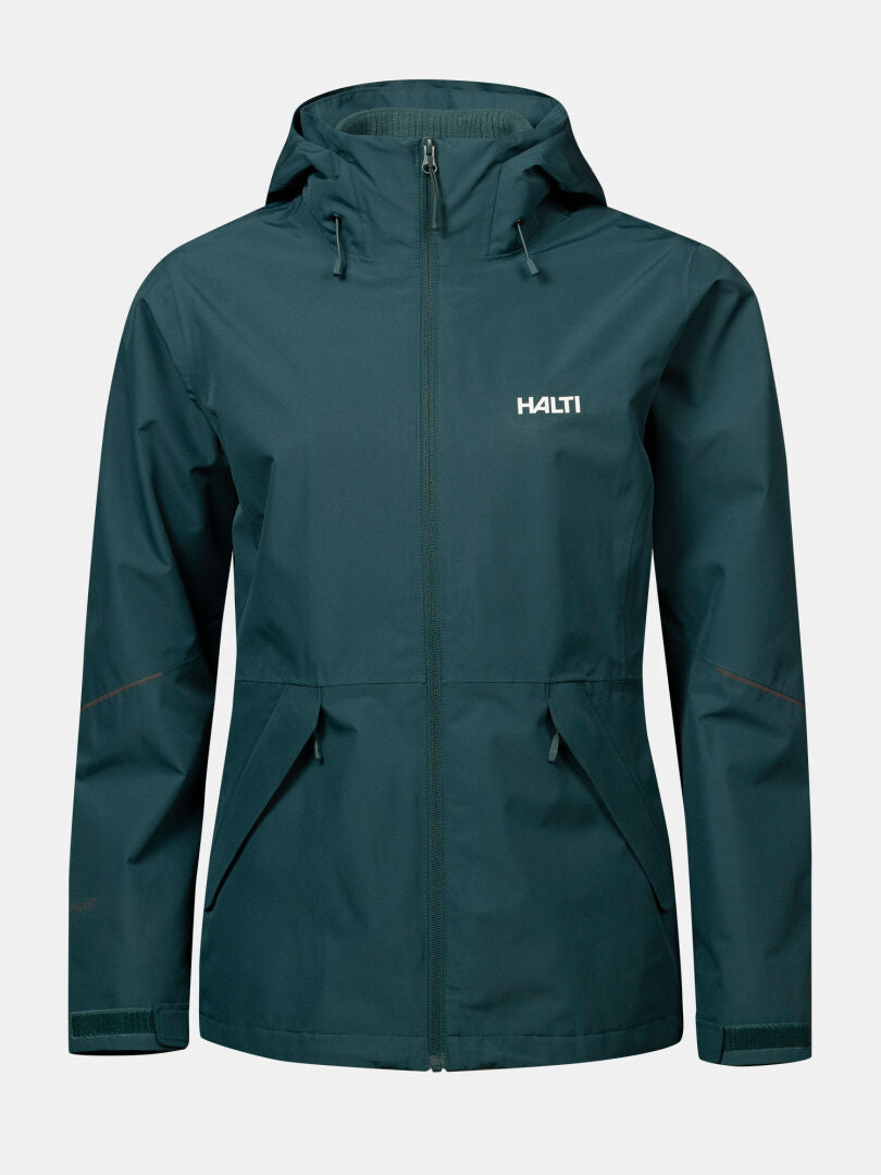 Die Halti Loito 3-in-1 DX Damenjacke in Dunkelgrün mit Reißverschluss vorne und Logo auf der Brust, abgebildet vor einem einfarbigen Hintergrund.