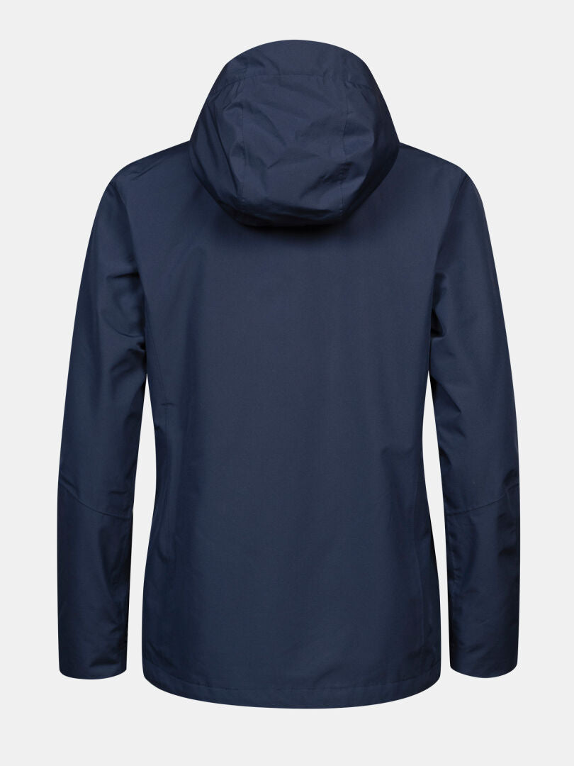 Halti Loito 3-in-1 DX Damenjacke in Marineblau mit Kapuze, rückseitig vor weißem Hintergrund abgebildet.