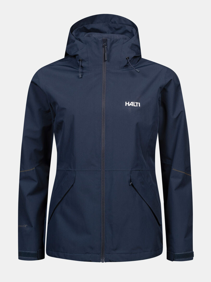 Halti Loito 3-in-1 DX Damenjacke in Marineblau, mit Kapuze, Frontreißverschluss, Seitentaschen und Logo auf der Brust.