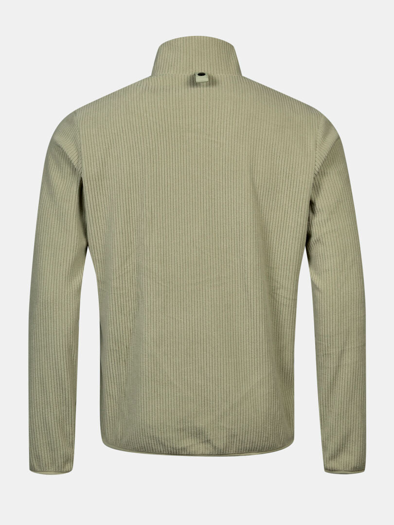 Rückansicht der Halti Loito 3-in-1 DX Jacke für Herren aus hellolivgrünem Rippstrick mit hohem Kragen, einfarbiger Hintergrund.