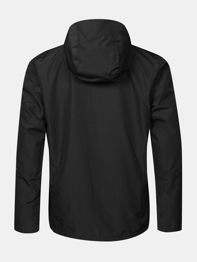 Die Halti Loito 3-in-1 DX Jacke für Herren in Schwarz wird von hinten vor einem einfarbigen hellgrauen Hintergrund gezeigt.